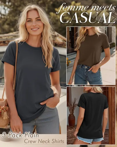 Miniatura 4 de Huukeay Paquete de 3 camisetas de algodón para mujer, estilo casual, de manga corta, cuello redondo, ajuste holgado, básica, lisa