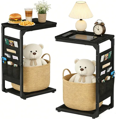 Miniatura 11 de Bandejas de TV con pedestal de madera para comer en mesas de sofá que se deslizan por debajo, mesa auxiliar en forma de C, mesa auxiliar para sofá