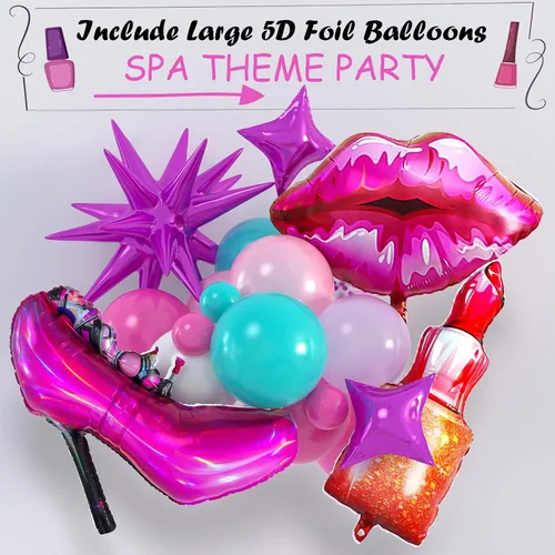 Miniatura 4 de 127 piezas de suministros de fiesta de spa para niñas, decoración de cumpleaños con guirnalda de globos, globos de papel de aluminio, telón