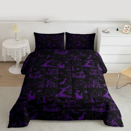 Miniatura 9 de Juego de edredón rosa con temática de Halloween, tamaño individual, edredón de farol de calabaza para adolescentes, juego de ropa de cama de Multi