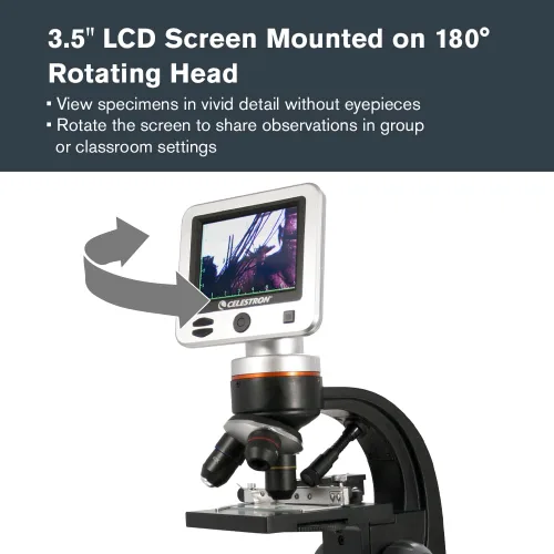 Miniatura 3 de Celestron – Microscopio digital LCD II – Pantalla de 3.5" – Cámara de 5MP – Aumento de 40x–1600x – Cabezal giratorio – Tarjeta SD incluida – Salida