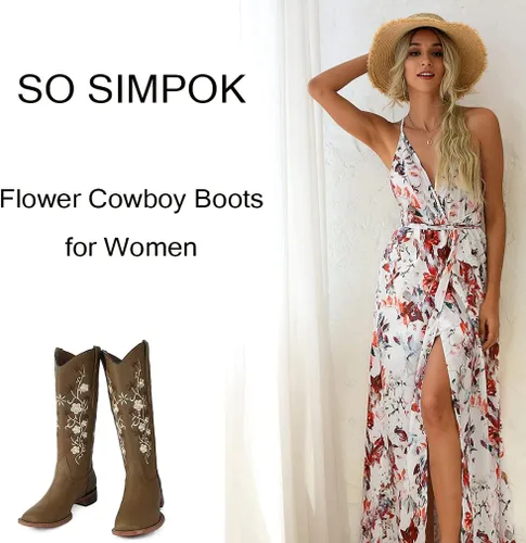 Miniatura 2 de SO SIMPOK Botas vaqueras bordadas con flores para mujer, botas vaqueras retro, botas occidentales, botas de media pantorrilla