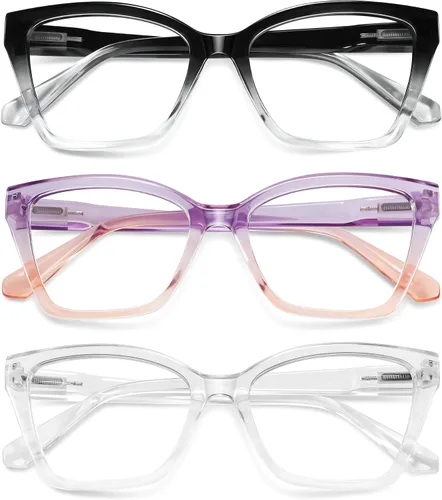 Miniatura 7 de Paquete de 3 lentes de lectura para mujeres - Lentes de bloqueo de luz azul de moda con forma de ojo de gato, lentes con bisagra de resorte
