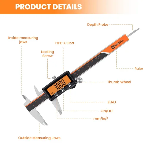 Miniatura 8 de HARDELL Calibre digital, herramienta de medición de pinza recargable de 6 pulgadas con pantalla naranja grande (sin retroiluminación), micrómetro