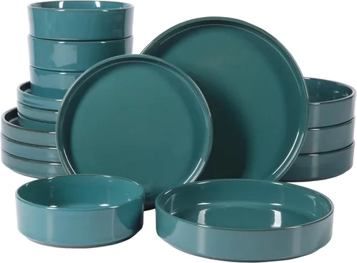 Bloomhouse - Dos veces ganador de los Favoritos de Oprah - Juego de vajilla de platos y cuencos de doble tazón de terracota con esmalte reactivo Jade