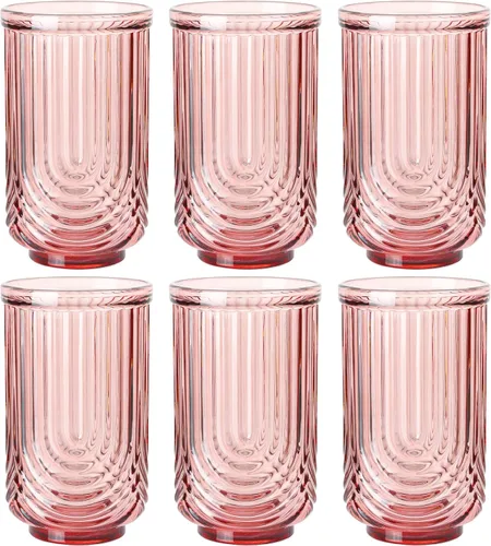 Miniatura 15 de JOVGANK Juego de vasos de bebida vintage rosados de 6 a 14 onzas, vasos de vidrio rosa art déco, vasos de cóctel de whisky, para bar, jugo de café