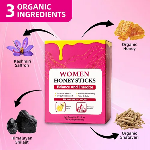 Miniatura 5 de Bloomin - Palitos de miel Shilajit para mujeres, palitos de miel de fresa, energía natural y potenciador de vitalidad con shatavari y azafrán