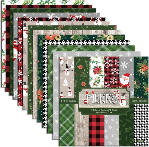 Miniatura 11 de Papel para álbum de recortes con patrón navideño, suministros de producción de tarjetas de 6 pulgadas, 24 hojas de cartulina libre de ácido de un