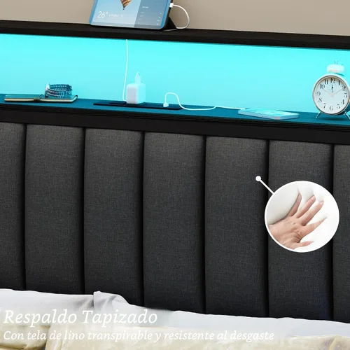 Miniatura 8 de Furnulem - Base de cama tamaño matrimonial con estación de carga y luces LED, plataforma con listones de metal, cabecera tapizada gris con estantes