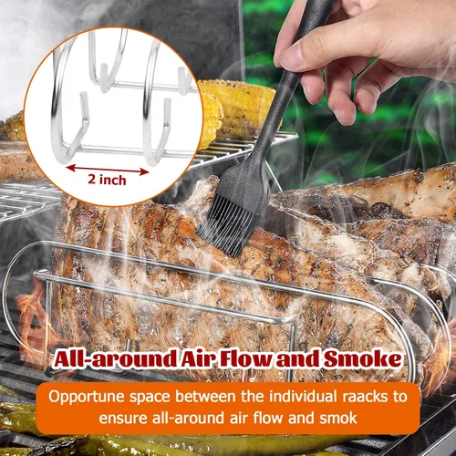 Miniatura 5 de Parrilla para costillas BBQ para ahumadores y parrillas, estante para asar 100% acero inoxidable 304 grado alimenticio, sostiene 7 costillares