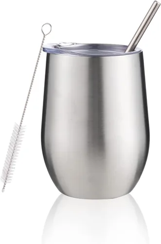 Miniatura 8 de Vaso de vino aislado de 12 onzas con tapa y pajita, vaso de vino de acero inoxidable sin tallo de doble pared, vaso de vino al vacío a granel