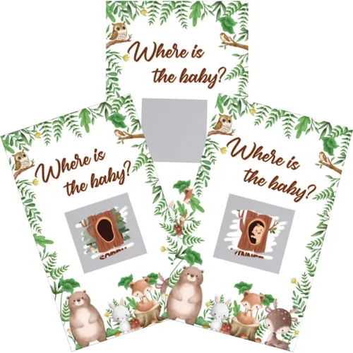 Juego de rascar para baby shower, 50 tarjetas con el tema ¿Dónde está el bebé? Juegos YoungFun con adorables animales del bosque para revelaciones