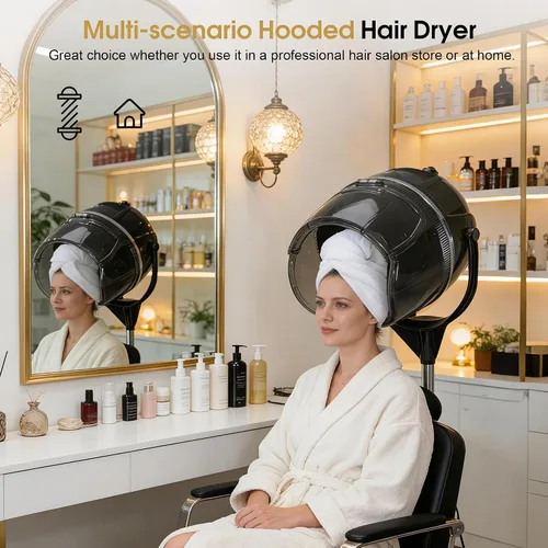 Miniatura 8 de BarberPub Secador de pelo con capucha de 1300 W con soporte, base rodante de pie ajustable en altura, equipo de salón de belleza con rotación