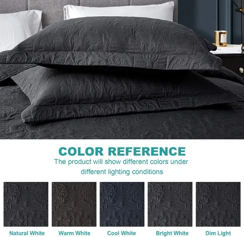 Miniatura 6 de Hansleep - Edredón negro tamaño King – Colcha ultrasónica con diseño damasco para todas las estaciones, juego de ropa de cama suave y ligero, 3