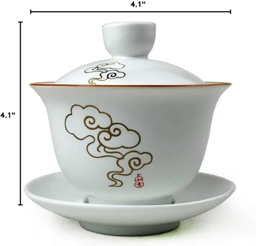 Miniatura 8 de Liang baobao Gaiwan - Taza de té de porcelana de 8 onzas, color blanco esmaltado con borde dorado, sopera china de gongfu, taza de té de gongfu