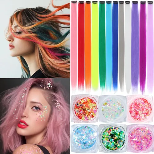 Miniatura 2 de Extensiones de cabello de colores, extensión de cabello liso con clip de 22 pulgadas, extensiones de cabello con brillantina multicolor arcoíris