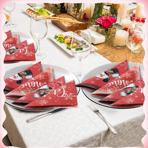 Miniatura 6 de Faccito 100 servilletas de papel de muñeco de nieve de Navidad, servilletas de cóctel de copo de nieve de invierno, servilletas de bebidas rojas