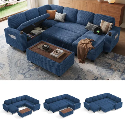 Miniatura 20 de LINSY HOME - Sofá cama extraíble modular con sección para dormir, con almacenamiento, sofá seccional de pana mullida para sala de estar, sofá cama
