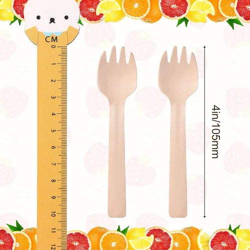 Miniatura 2 de Honoson 200 mini tenedores de madera desechables de 4 pulgadas a granel 2 en 1 tenedor cuchara utensilios pequeños aperitivos de madera cubiertos
