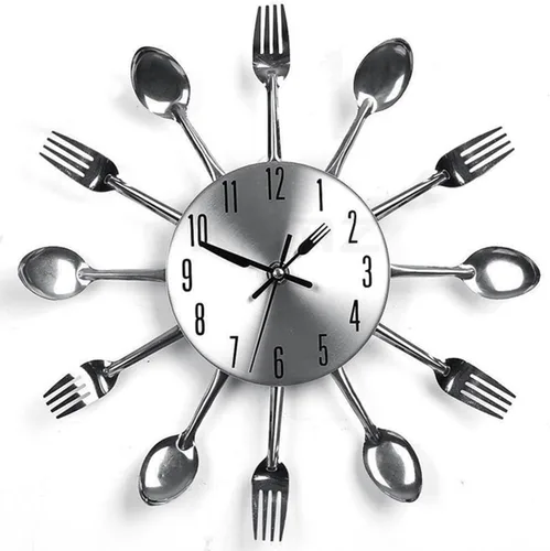 Miniatura 9 de Reloj de pared creativo con cuchillo de tenedor, cubertería de cocina, novedoso reloj colgante decorativo, cuchara de acero inoxidable, reloj Negro