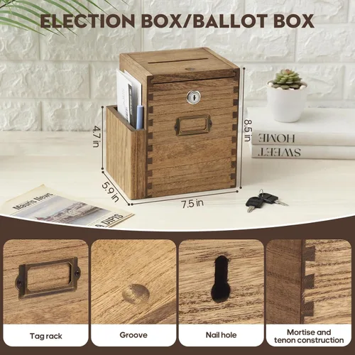 Miniatura 2 de KIRIGEN Caja de sugerencias de madera con cerradura y 2 llaves, urna montada en la pared o encimera con bolsillo lateral para formularios, caja
