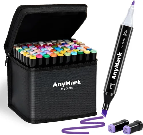 AnyMark Marcadores de alcohol, 80 colores de doble punta para adultos, dibujo de libros, bocetos, pintura, cincel y fino, negro
