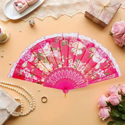 Miniatura 5 de QIRMIZI Paquete de 20 abanicos de mano plegables grandes de seda, elegante ventilador chino para rave, ventilador renacentista de mano para Rosa