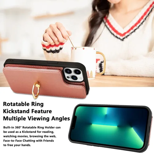 Miniatura 6 de Funda tipo cartera compatible con iPhone 13 Pro con tarjetero, rotación de 360°, soporte de anillo de dedo con función atril, protección RFID, Oro