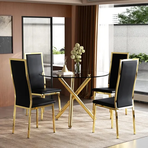 Miniatura 8 de Moderno juego de mesa redonda de cristal para 2, juego de mesa de cocina de círculo pequeño de 36 pulgadas con 2 sillas de comedor de piel sintética