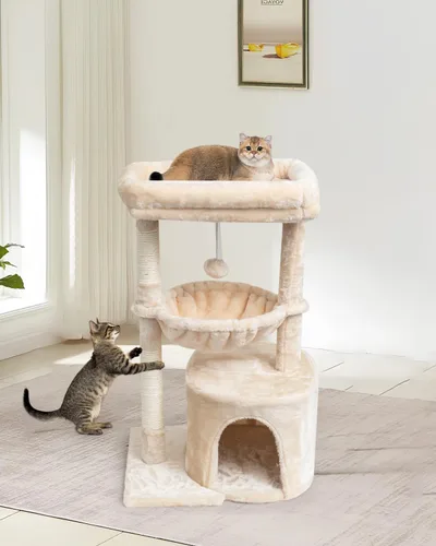 Miniatura 6 de SYANDLVY Árbol pequeño para gatos de interior, condominio para gatitos con poste rascador y tabla, torre de actividades moderna con cuna, beige