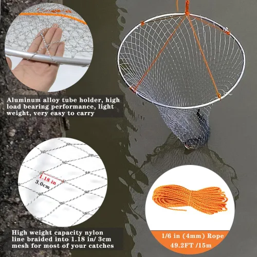 Miniatura 2 de Drasry Red de aterrizaje de pesca plegable para puente y muelle, red de caída de anillo de aluminio con alta carga para agua salada y agua dulce