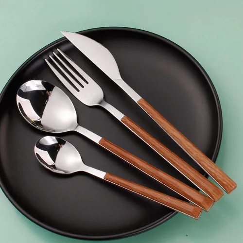 Miniatura 2 de Juego de cubiertos de madera de 32 piezas para 6 personas con mango de madera de imitación de madera de acero inoxidable para boda, hogar, cocina