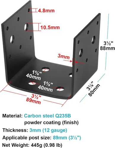 Miniatura 2 de 4 PCS soportes de base de medio poste negros, compatible con conector de anclaje de poste de 4 x 4, soportes colgantes para viguetas de marco