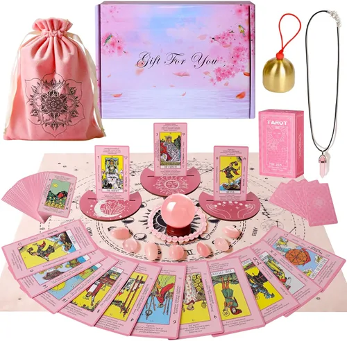 Myripoly Juego de cartas de tarot rosa para principiantes, cartas de tarot clásicas con significados en ellas, kit de brujería de tarot de 17