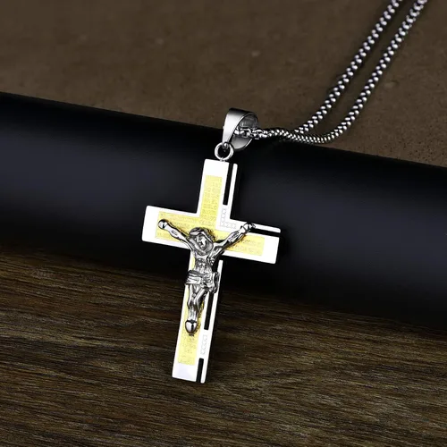 Miniatura 4 de YL Collar de cruz para hombre de acero inoxidable con colgante de crucifijo de cadena Rolo de Jesucristo, joyería de oración del Señor