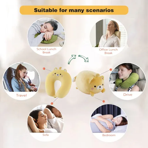 Miniatura 6 de Almohada de viaje para niños, almohada de cuello deformable 2 en 1 para niños, almohada suave en forma de U con adorable diseño de animales, cómodo