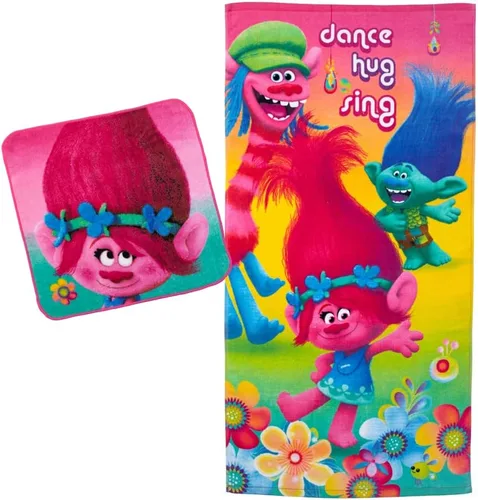 Franco Toalla de baño y playa para niños con juego de toallitas, 50 x 25 pulgadas, Trolls