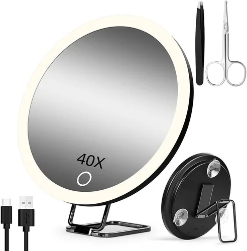Miniatura 15 de Espejo de Aumento 20X con Luz, Espejo Grande de 6 Pulgadas con Aumento Iluminado 20X con 3 Ventosas y Soporte de Mesa 360°, Espejo de Tocador de 20x