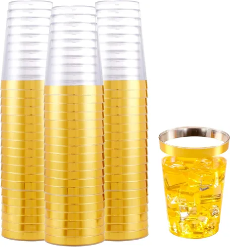 Miniatura 10 de LUODA 150 vasos de plástico púrpura, vasos desechables púrpura de 9 onzas con borde dorado, vasos de plástico con borde dorado estilo antiguo
