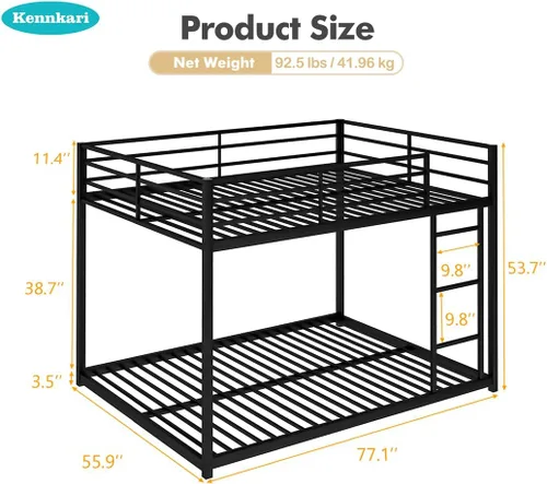 Miniatura 2 de Litera de tamaño matrimonial sobre tamaño matrimonial con escalera, litera de metal de tamaño matrimonial con barandilla de seguridad para niños