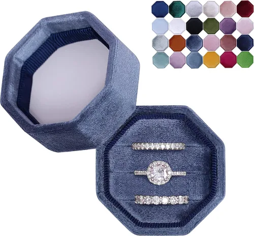 BLUTETE Caja de terciopelo con 3 ranuras para joyería, caja de compromiso, boda, caja de recuerdo, anillo de fotos nupcial, octágono de triple