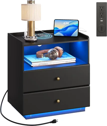 Miniatura 15 de WLIVE Mesita de noche negra con estación de carga y luces LED, mesita de noche con 2 cajones de madera y parte superior deslizante, mesa auxiliar