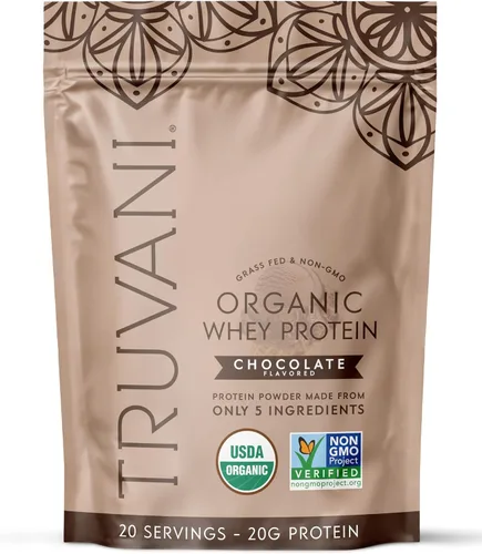 Polvo de proteína de suero orgánico Truvani | Chocolate | 20g de proteína de suero alimentado con hierba | 20 porciones | Orgánico certificado USDA