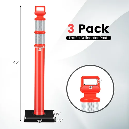 Miniatura 5 de Goplus Poste delineador con base, paquete de 3 postes de delineador de tráfico de 45 pulgadas con base de goma pesada de 9 libras, bandas