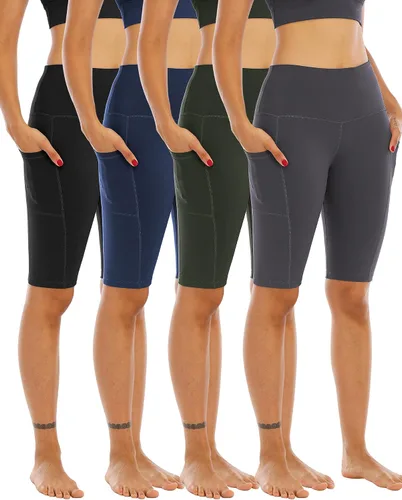 WHOUARE Paquete de 4 pantalones cortos de yoga con bolsillos para mujer, cintura alta, atléticos, correr, entrenamiento, gimnasio, control de abdomen