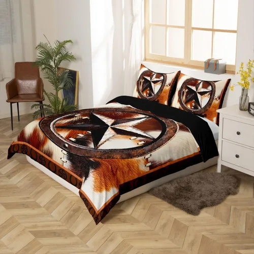 Miniatura 2 de Juego de ropa de cama de piel de vaca para niños y niñas, funda de edredón con estampado de estrellas de piel de vaca occidental, funda de edredón