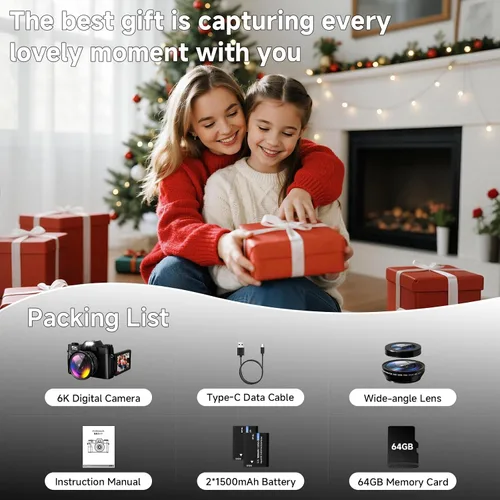 Miniatura 9 de Cámara digital 6K para fotografía con enfoque automático, cámara de videoblogs WiFi de 64 megapíxeles para YouTube con pantalla giratoria de 3" Negro