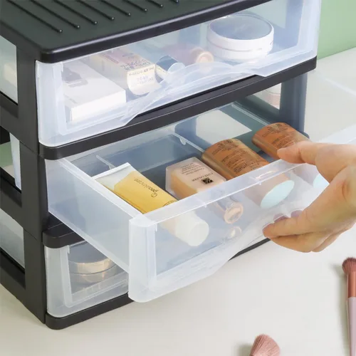 Miniatura 4 de BYCY Organizador de escritorio mediano de plástico negro apilable con 3 cajones para suministros de oficina, cajones de almacenamiento apilables