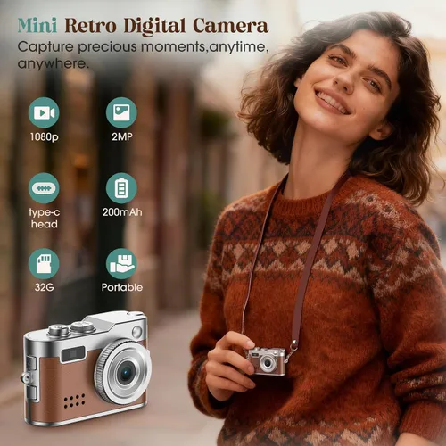 Miniatura 2 de HOTU Mini cámara digital, llavero 1080P HD con lente de 2MP, flash, grabación de video, tarjeta 32G incluida, cámara retro portátil y compacta