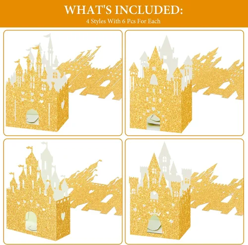 Miniatura 3 de Chrisfall 24 cajas de dulces de castillo de princesa con purpurina, decoración de fiesta de castillo de princesa, cajas de regalo de cumpleaños